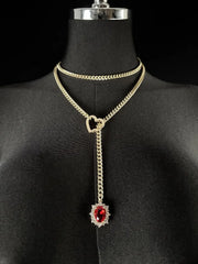 Women's Heart O-Ring Slip Chain Necklace, Double Layered Adjustable 39'' Cuban Chain with Detachable Heart Clasp and Colorful R