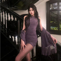 Sexy Purple Chinese Cheongsam Qipao Pure Desire Outfit Oriental Design Dresses Hot Attractive Seductive Halter Mini Dress Lace