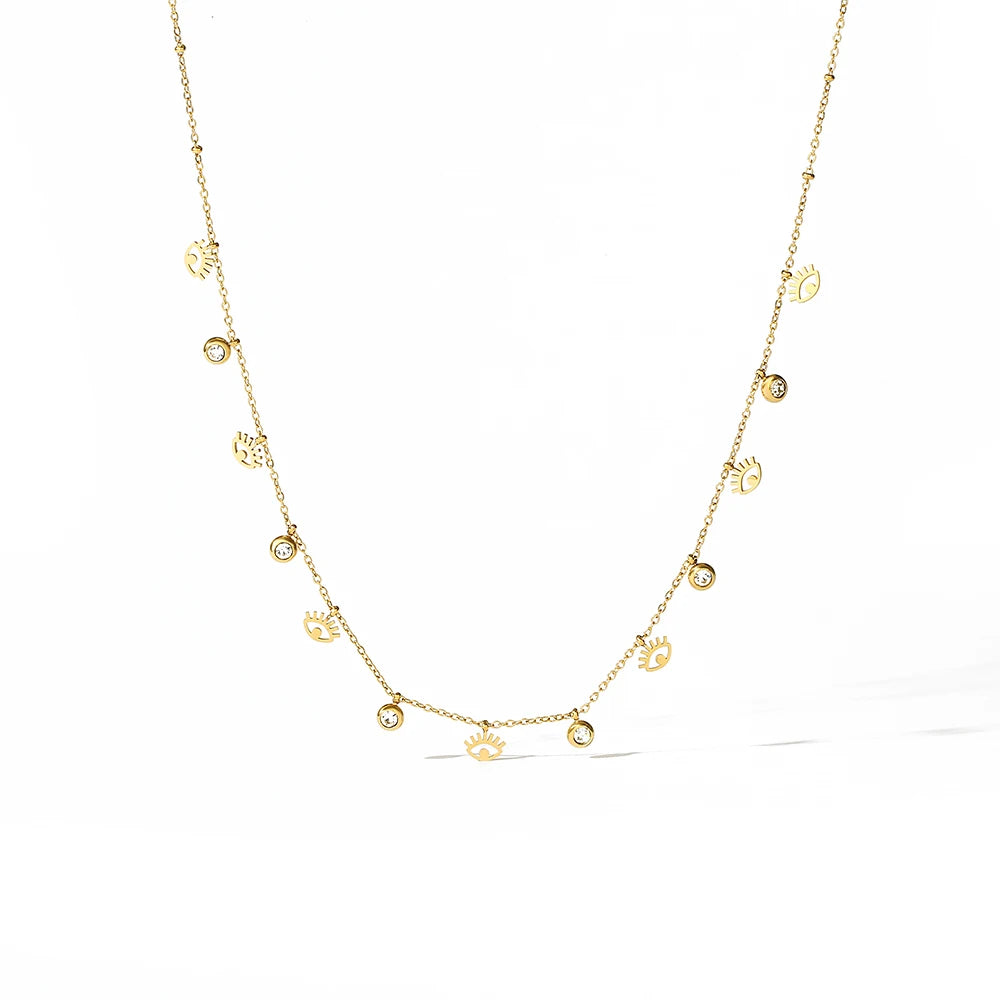 NEWBUY Trendy Gold Color Evil Eye Star Flower Choker Necklace For Women Girl High Quality Stainless Steel CZ Party Jewelry