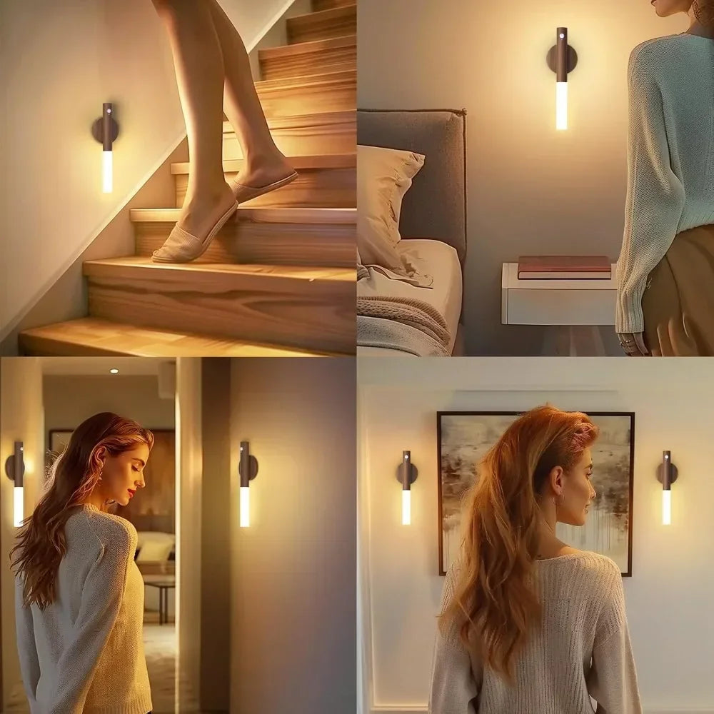 Magnetic Wall Sconces Light Motion Sensor Rechargeable no wiring Lights Wooden For Home Room Decor Bedroom Stair Night Lighting