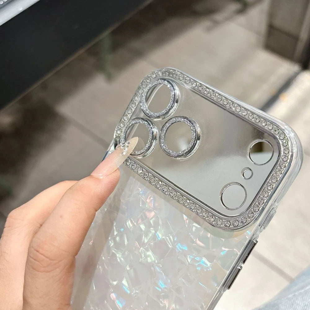 Shell Pattern Glitter Phone Case For iPhone 16 17 Pro 15 13 11 12 14 Pro Max Plus Air Diamond Laser Love Heart Shockproof Cover