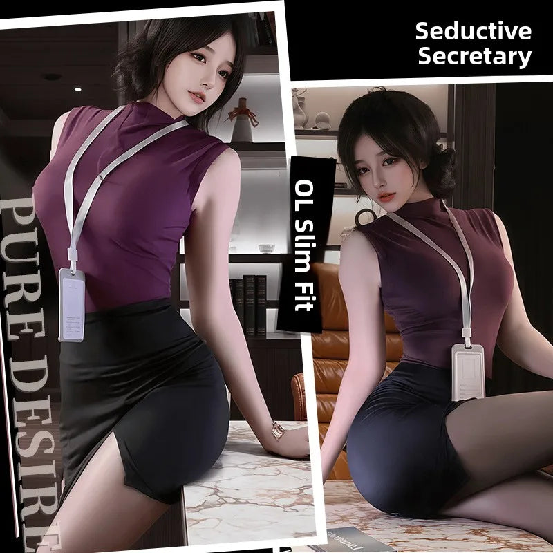 Sexy Secretary Uniform Set Women's Sleeveless Bodycon Skirt Pure Desire Spicy Girl Roleplay Costume Polyester Fabric
