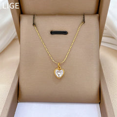 18K Gold Plated Heart Crystal Pendant Necklace For Women Titanium Steel Anti-tarnish Couple Wedding Anniversary Gifts Jewelry
