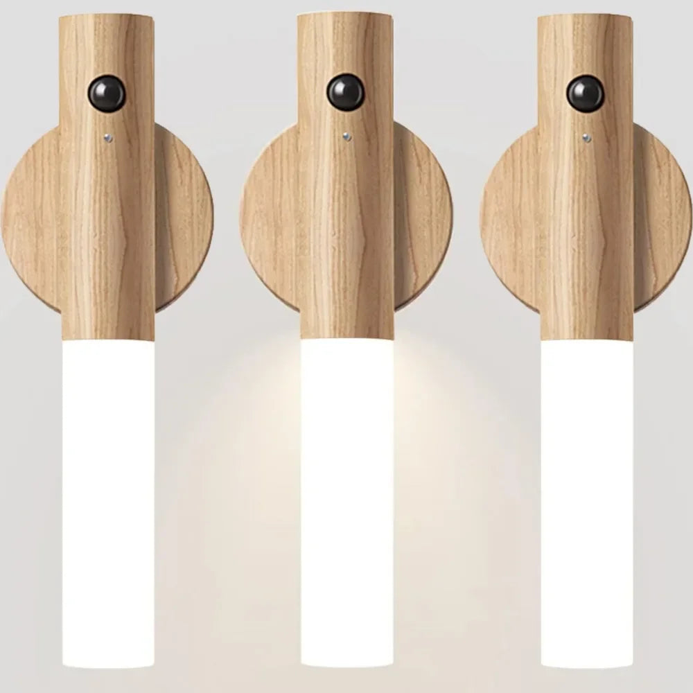 Magnetic Wall Sconces Light Motion Sensor Rechargeable no wiring Lights Wooden For Home Room Decor Bedroom Stair Night Lighting