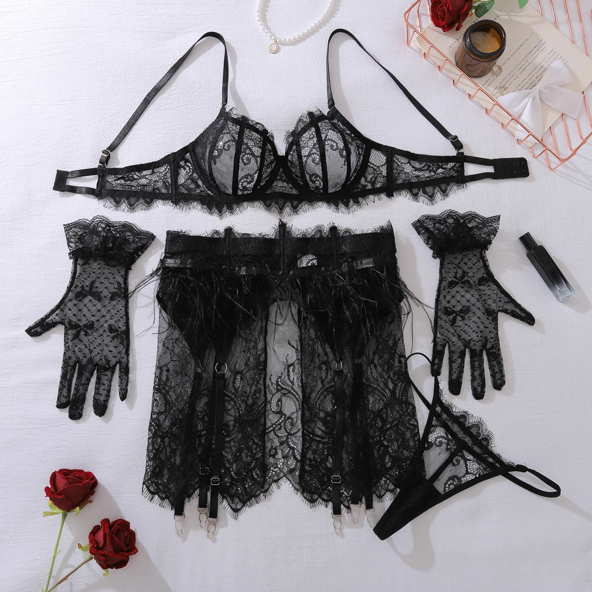 Ellolace Feather Daring Lingerie Woman Sissy Lace Call Of The Night Attractive Chest Suspenders White Ethical Women's Underwear