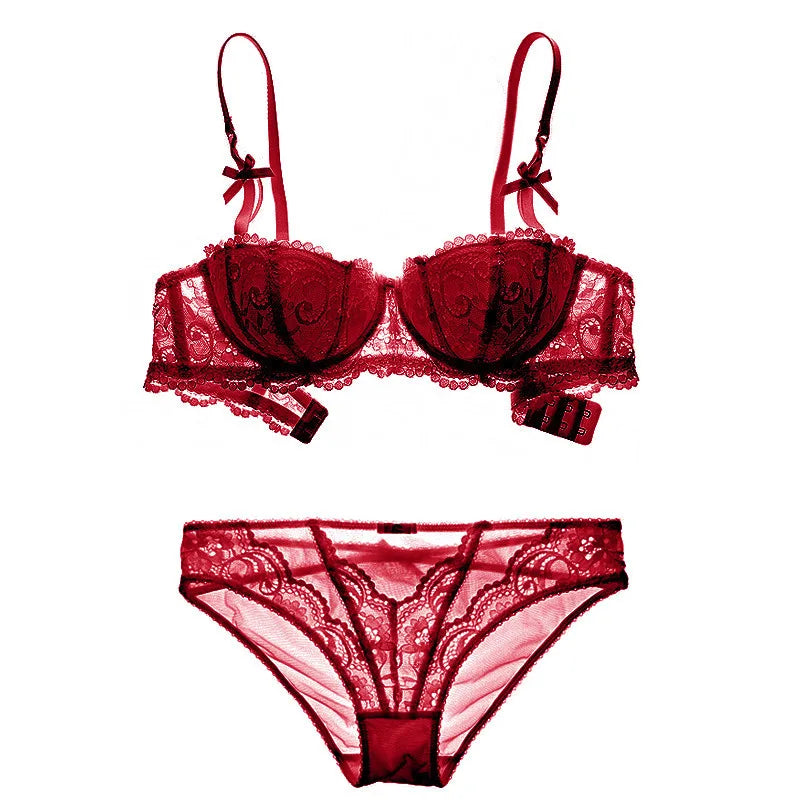 French Red 1/2 Cup Sexy Bra Set Lace Flowers Embroidery Women Underwear Push Up Brassiere and Panties Garter 3 Pieces Sets