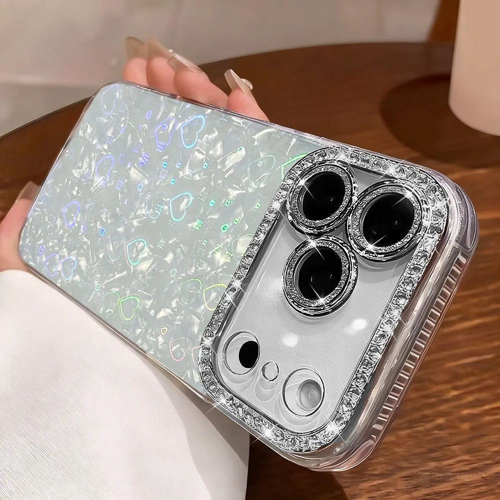Shell Pattern Glitter Phone Case For iPhone 16 17 Pro 15 13 11 12 14 Pro Max Plus Air Diamond Laser Love Heart Shockproof Cover