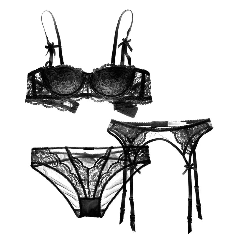 French Red 1/2 Cup Sexy Bra Set Lace Flowers Embroidery Women Underwear Push Up Brassiere and Panties Garter 3 Pieces Sets