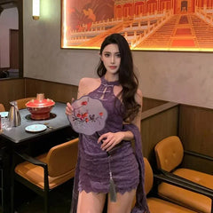 Sexy Purple Chinese Cheongsam Qipao Pure Desire Outfit Oriental Design Dresses Hot Attractive Seductive Halter Mini Dress Lace