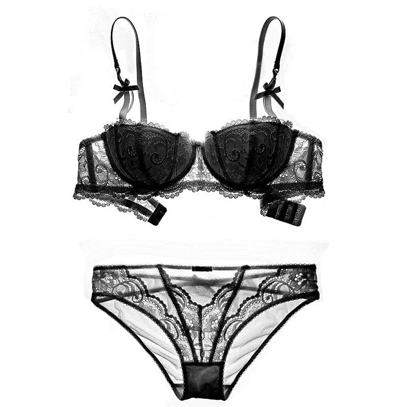 French Red 1/2 Cup Sexy Bra Set Lace Flowers Embroidery Women Underwear Push Up Brassiere and Panties Garter 3 Pieces Sets