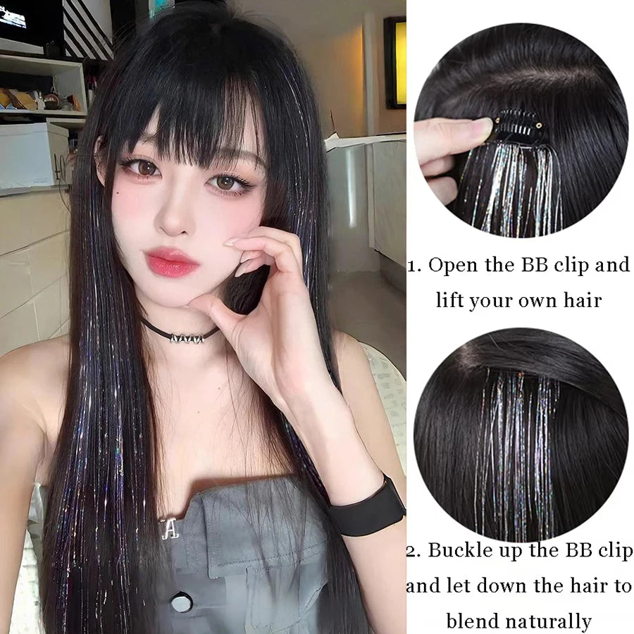 Synthetic Ear-dyed Laser Wig Piece One-card Seamless Feather Hair Extension Artifact Girl Group Stage Headdress Patch