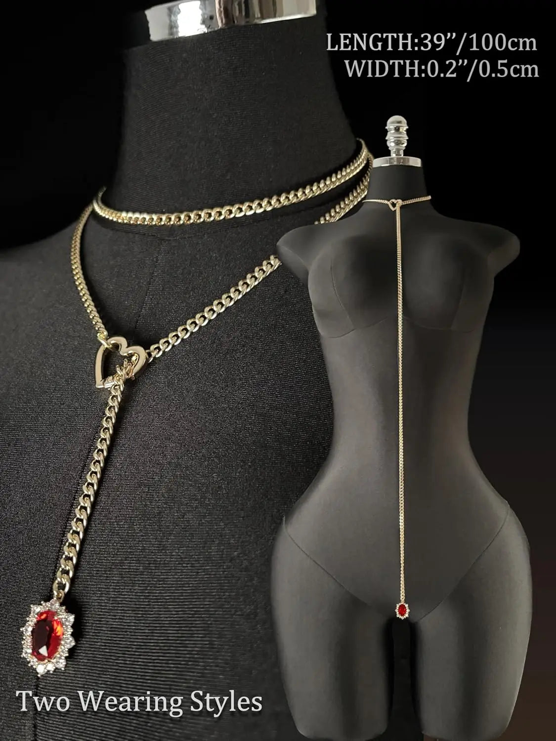 Women's Heart O-Ring Slip Chain Necklace, Double Layered Adjustable 39'' Cuban Chain with Detachable Heart Clasp and Colorful R