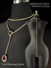 Women's Heart O-Ring Slip Chain Necklace, Double Layered Adjustable 39'' Cuban Chain with Detachable Heart Clasp and Colorful R