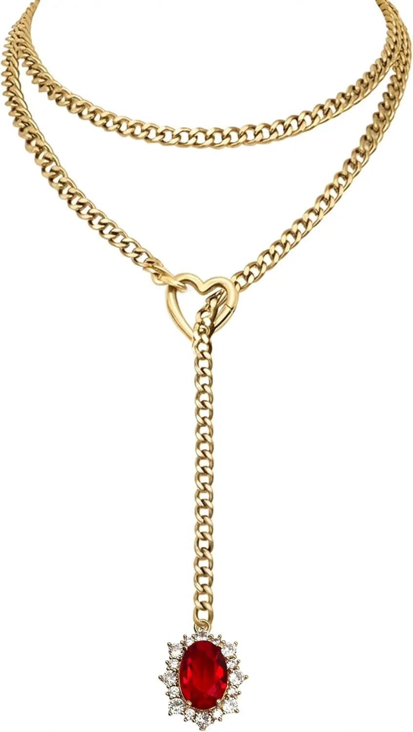 Women's Heart O-Ring Slip Chain Necklace, Double Layered Adjustable 39'' Cuban Chain with Detachable Heart Clasp and Colorful R