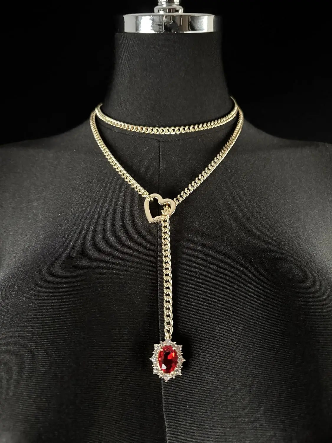 Women's Heart O-Ring Slip Chain Necklace, Double Layered Adjustable 39'' Cuban Chain with Detachable Heart Clasp and Colorful R