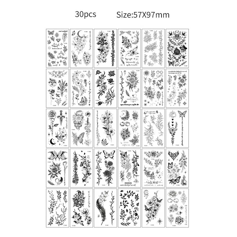 30Sheets Black Small Tattoo Stickers for Finger Flower Snake Moon Leaf Design Temporary Tattoos Fake Tattoo for Hand Body Decor