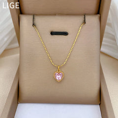 18K Gold Plated Heart Crystal Pendant Necklace For Women Titanium Steel Anti-tarnish Couple Wedding Anniversary Gifts Jewelry