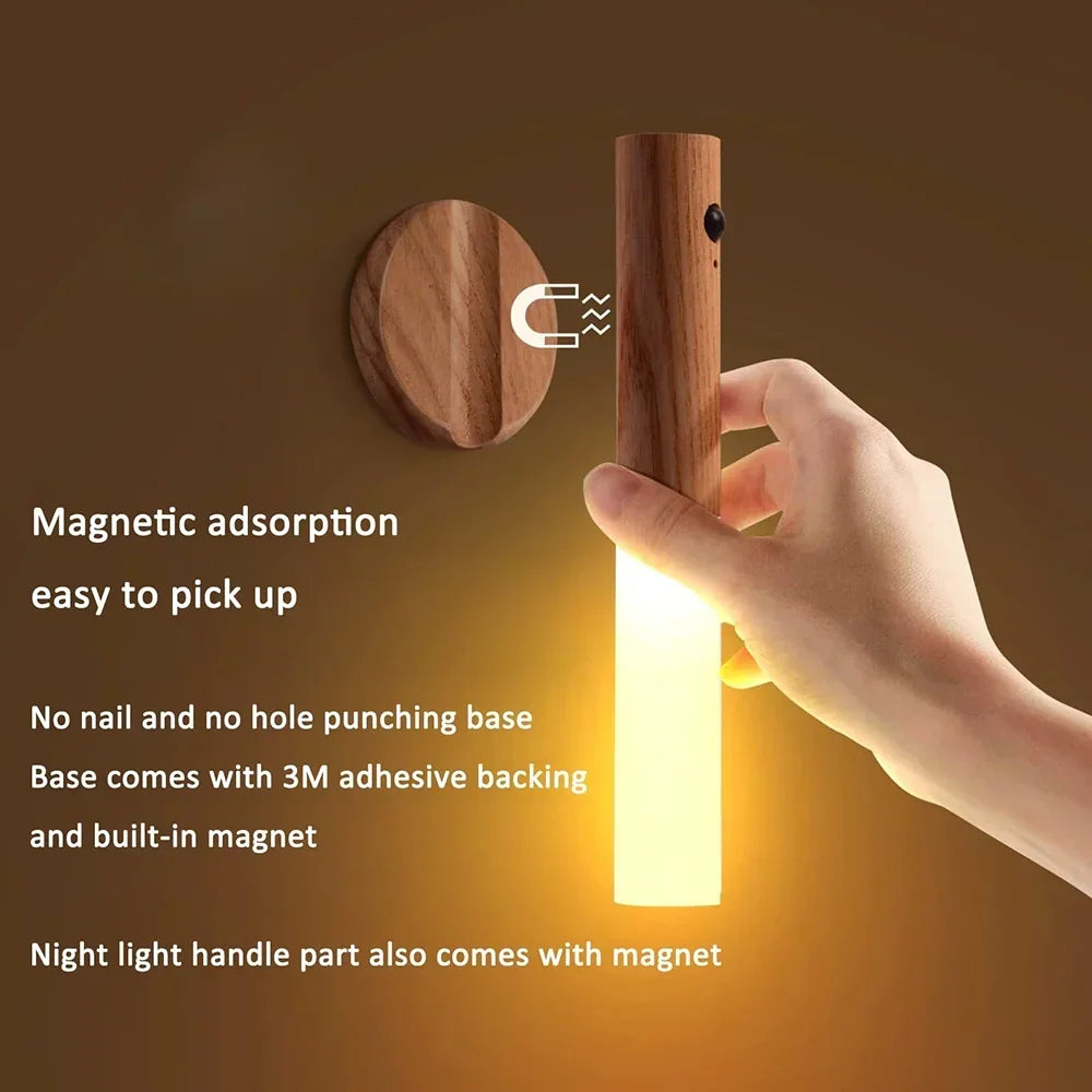 Magnetic Wall Sconces Light Motion Sensor Rechargeable no wiring Lights Wooden For Home Room Decor Bedroom Stair Night Lighting