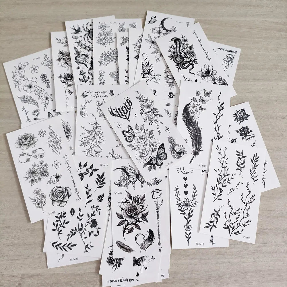 30Sheets Black Small Tattoo Stickers for Finger Flower Snake Moon Leaf Design Temporary Tattoos Fake Tattoo for Hand Body Decor