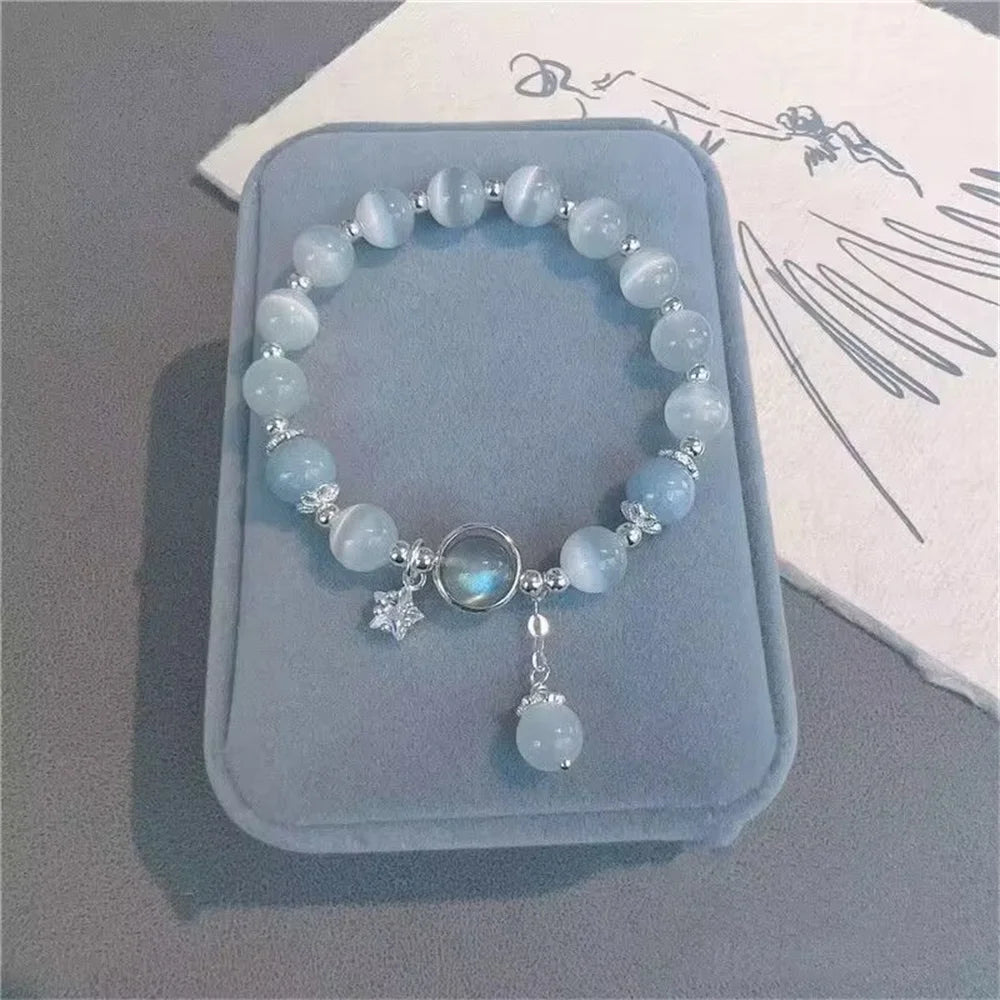 Niche Design Star Chain Tassel Bracelet for Women Fantasy Blue Crystal Beads Elastic Rope Bracelet Best Friend Jewelry Gifts