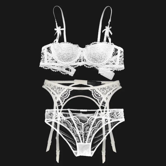 French Red 1/2 Cup Sexy Bra Set Lace Flowers Embroidery Women Underwear Push Up Brassiere and Panties Garter 3 Pieces Sets
