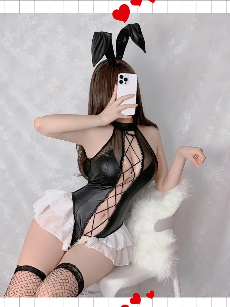Bunny Hollow Butt Bodysuit Anime Rabbit Girl Cosplay Uniform Sexy Backless Mesh Leather Role Play Onesie