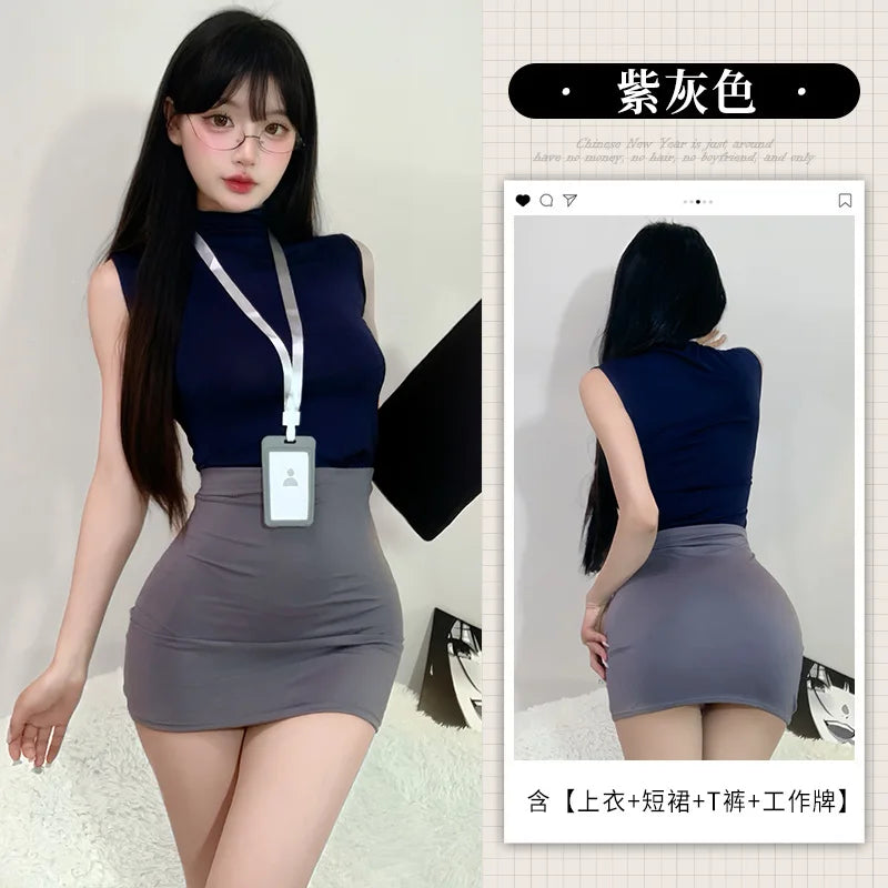 Sexy Secretary Uniform Set Women's Sleeveless Bodycon Skirt Pure Desire Spicy Girl Roleplay Costume Polyester Fabric