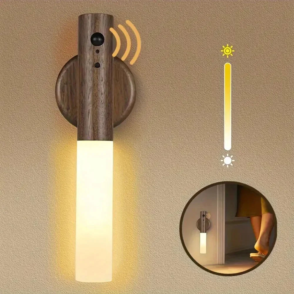 Magnetic Wall Sconces Light Motion Sensor Rechargeable no wiring Lights Wooden For Home Room Decor Bedroom Stair Night Lighting