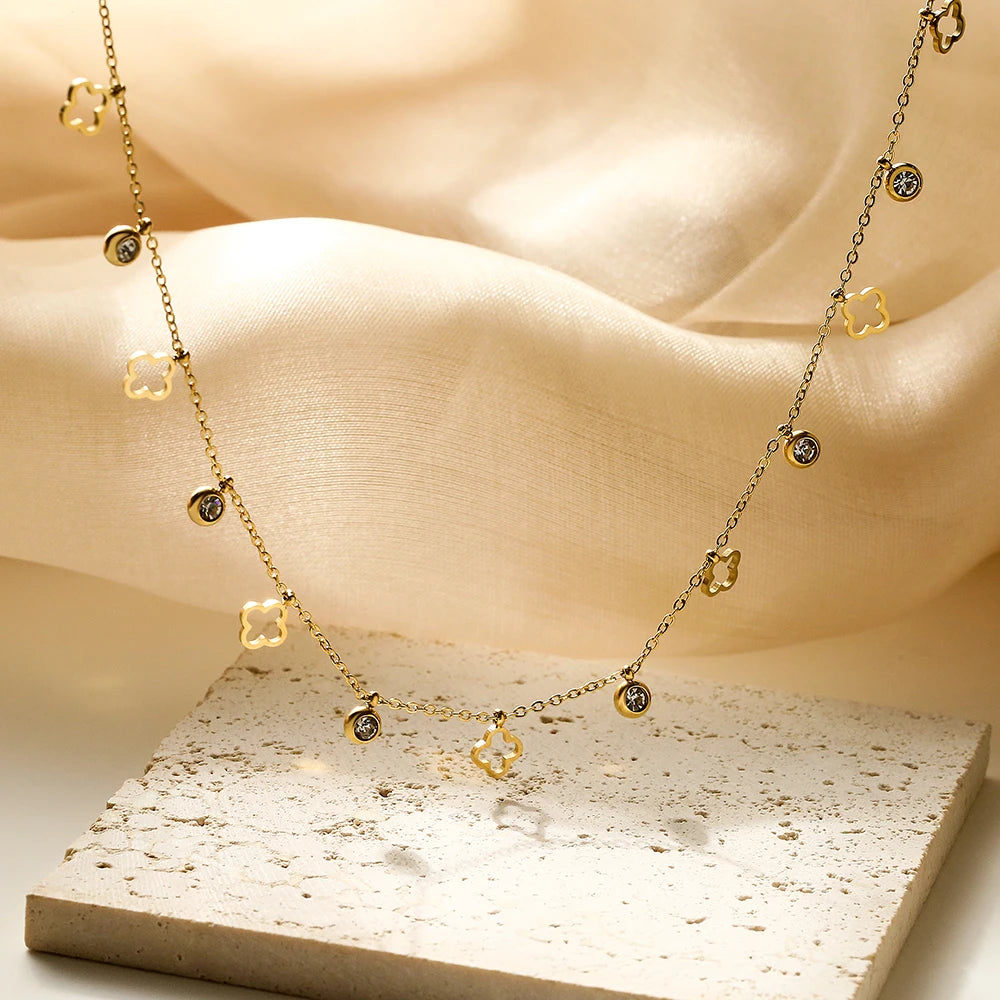 NEWBUY Trendy Gold Color Evil Eye Star Flower Choker Necklace For Women Girl High Quality Stainless Steel CZ Party Jewelry