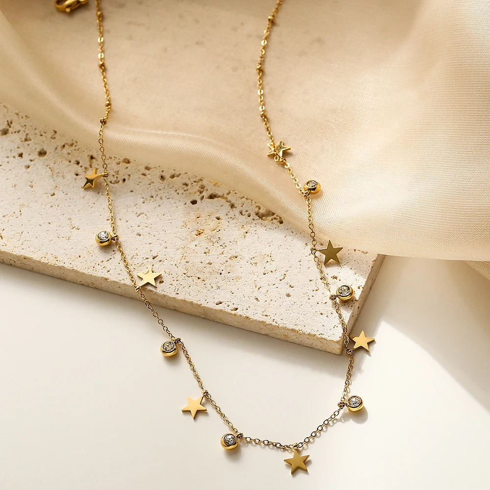 NEWBUY Trendy Gold Color Evil Eye Star Flower Choker Necklace For Women Girl High Quality Stainless Steel CZ Party Jewelry