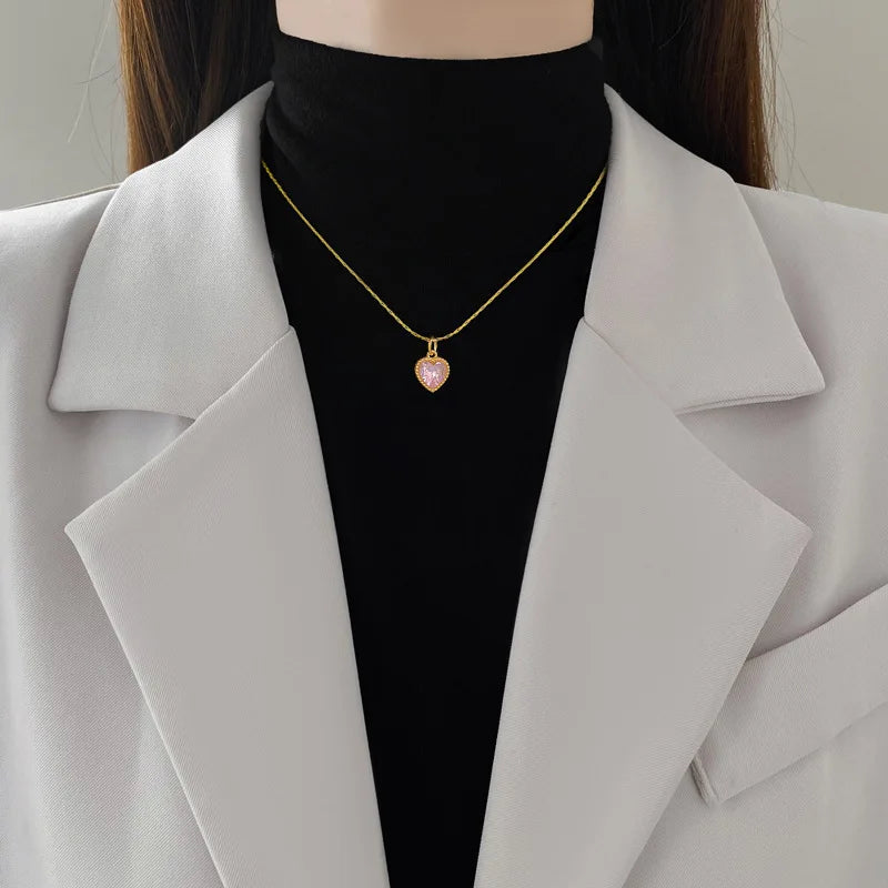 18K Gold Plated Heart Crystal Pendant Necklace For Women Titanium Steel Anti-tarnish Couple Wedding Anniversary Gifts Jewelry