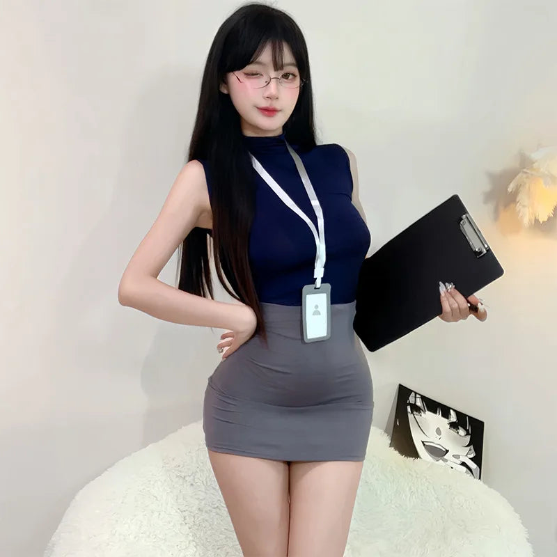 Sexy Secretary Uniform Set Women's Sleeveless Bodycon Skirt Pure Desire Spicy Girl Roleplay Costume Polyester Fabric