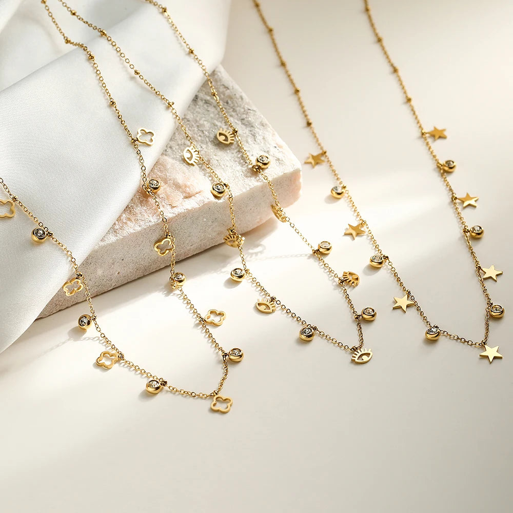 NEWBUY Trendy Gold Color Evil Eye Star Flower Choker Necklace For Women Girl High Quality Stainless Steel CZ Party Jewelry
