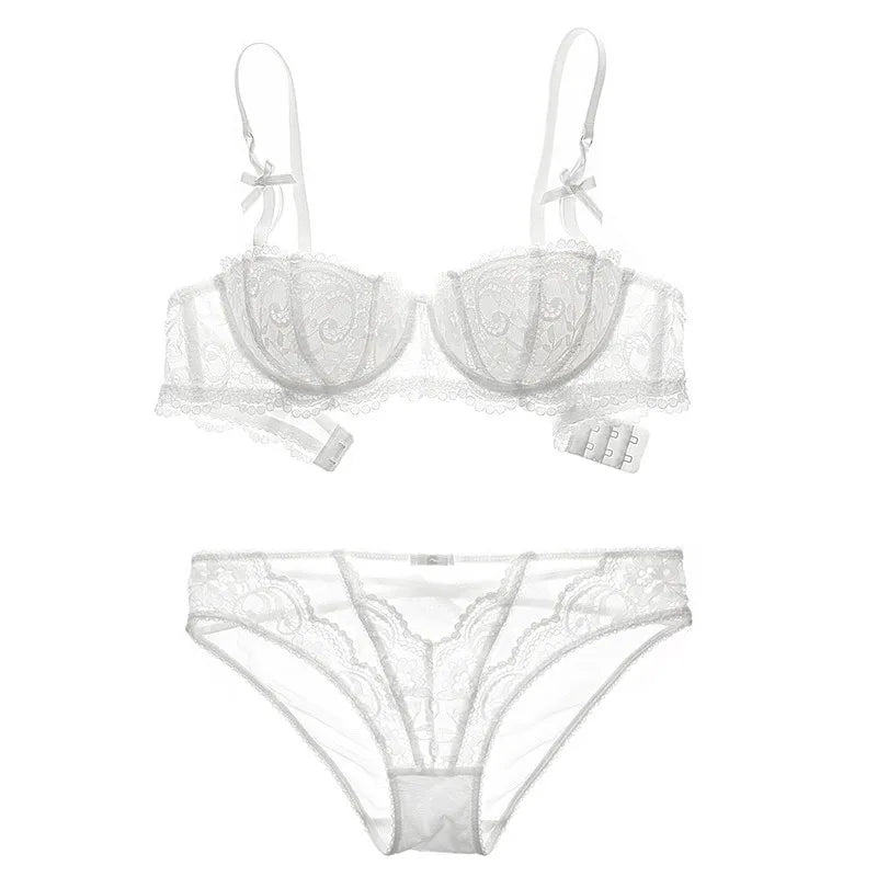 French Red 1/2 Cup Sexy Bra Set Lace Flowers Embroidery Women Underwear Push Up Brassiere and Panties Garter 3 Pieces Sets