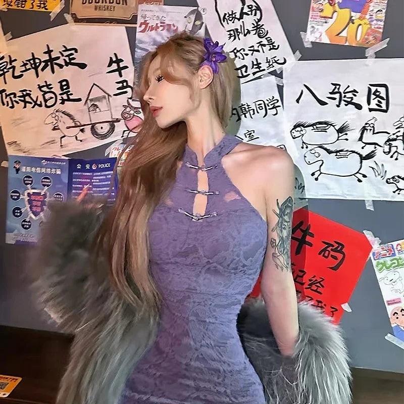 Sexy Purple Chinese Cheongsam Qipao Pure Desire Outfit Oriental Design Dresses Hot Attractive Seductive Halter Mini Dress Lace
