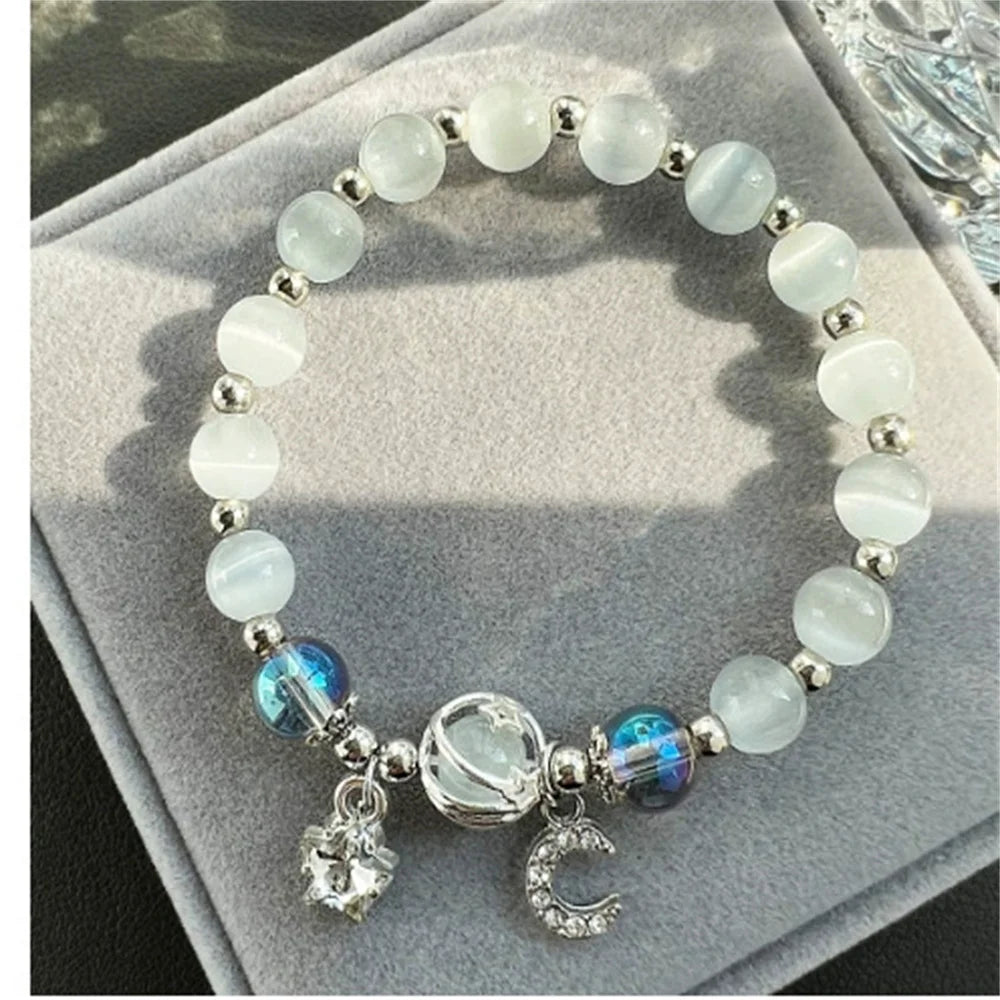 Niche Design Star Chain Tassel Bracelet for Women Fantasy Blue Crystal Beads Elastic Rope Bracelet Best Friend Jewelry Gifts