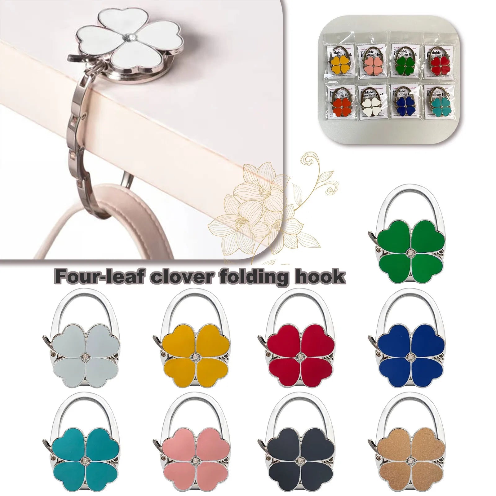 1pc Four Leaf Clover Design Foldable Handbag Hanger Folding Purse Table Hook Holder Handbag Hook for Office Table