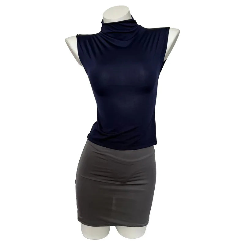 Sexy Secretary Uniform Set Women's Sleeveless Bodycon Skirt Pure Desire Spicy Girl Roleplay Costume Polyester Fabric