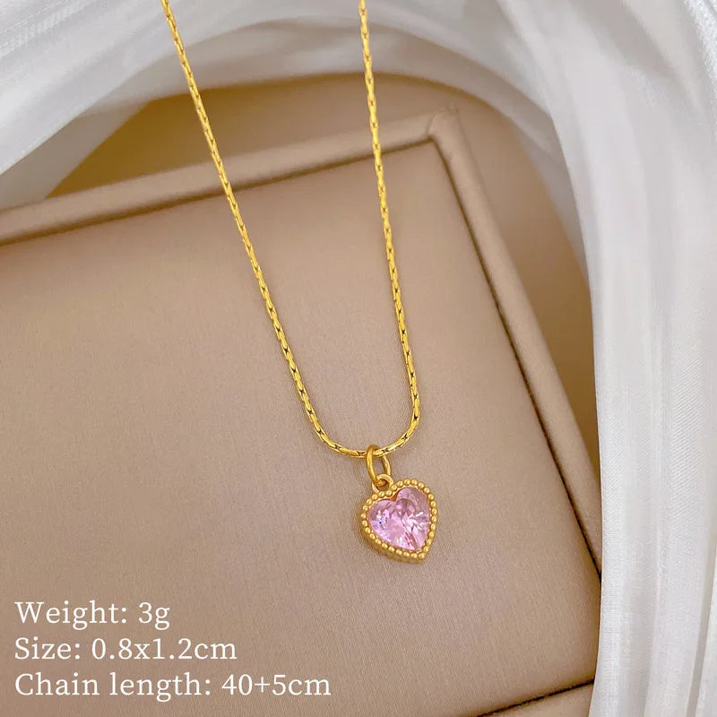 18K Gold Plated Heart Crystal Pendant Necklace For Women Titanium Steel Anti-tarnish Couple Wedding Anniversary Gifts Jewelry