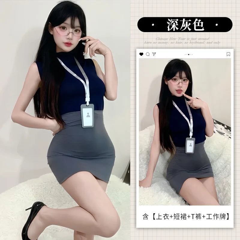 Sexy Secretary Uniform Set Women's Sleeveless Bodycon Skirt Pure Desire Spicy Girl Roleplay Costume Polyester Fabric