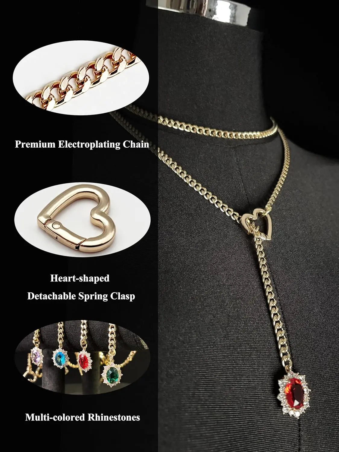 Women's Heart O-Ring Slip Chain Necklace, Double Layered Adjustable 39'' Cuban Chain with Detachable Heart Clasp and Colorful R